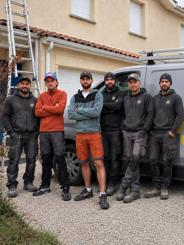 L'équipe WF Couverture, six couvreurs bras croisés devant le fourgon de l'entreprise, échelle et toiture en tuiles à l'arrière-plan